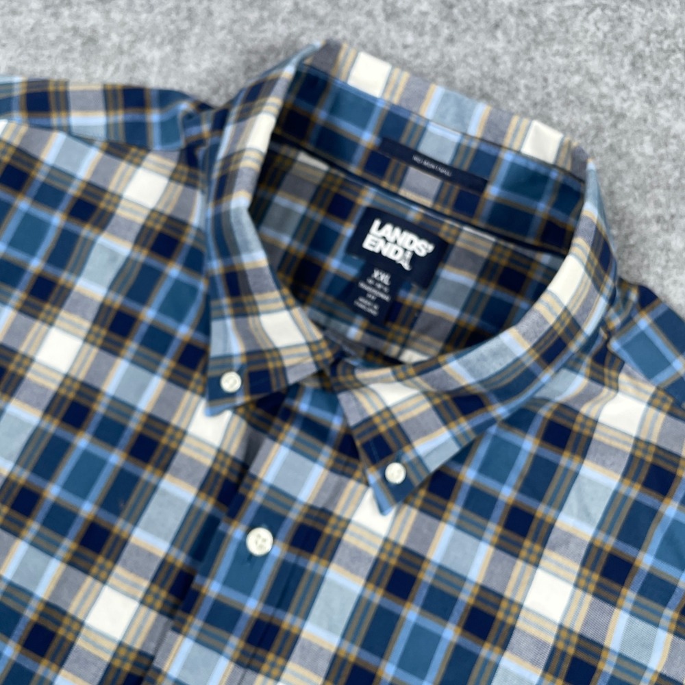 Lands End Mens Button Down Shirt XXL Blue Plaid No Iron Twill Traditional Fit